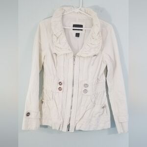 WHBM White House Black Market Utility Jacket. Ruffled Collar Side Cinched Size S